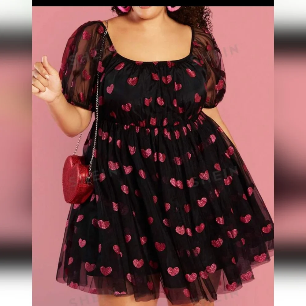 Plus Size Puff Sleeve Love Mesh Dress - Picture 1 of 9